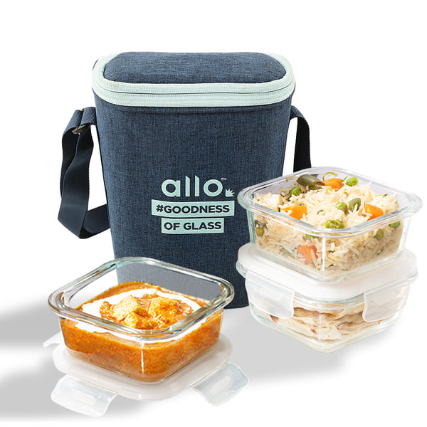 Buy Allo Food Safe Borosilicate Glass Lunch Box, 450C Microwave Safe Lunch Box, Borosilicate Borosilicate Glass Tiffin for Office with Denim Blue Tiffin Bag, Set of 3, 320ml x 3, Square on EMI