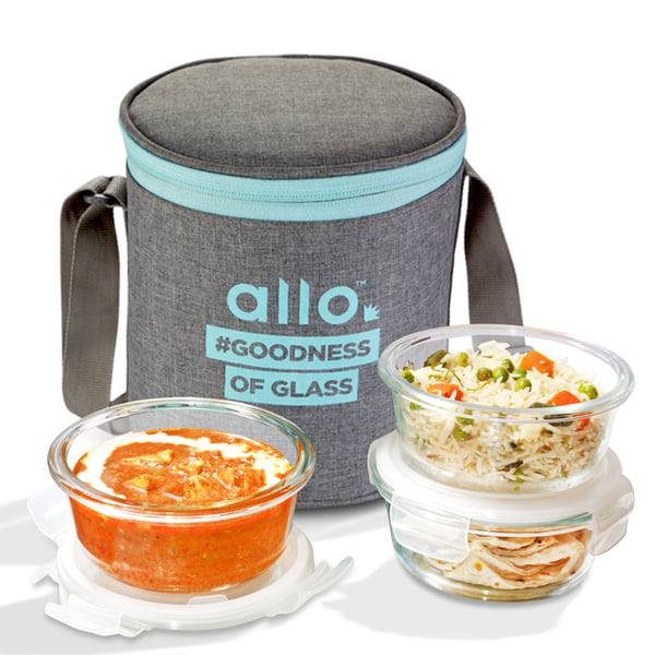Buy Allo Food Safe Borosilicate Glass Lunch Box, 450C Microwave Safe Lunch Box, Borosilicate Borosilicate Glass Tiffin for Office with Canvas Grey Tiffin Bag, Set of 3, 400ml x 3, Round on EMI