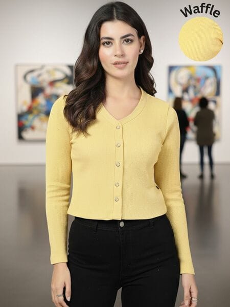 Buy Rigo Women Cotton Yellow Full Sleeves Solid Regular Fit Top on EMI