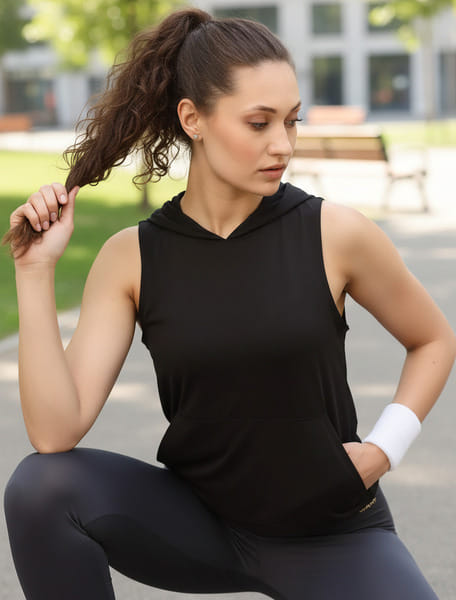 Buy Rigo Women Black Hooded With Kangaroo Pocket Sleeveless Activewear Top on EMI