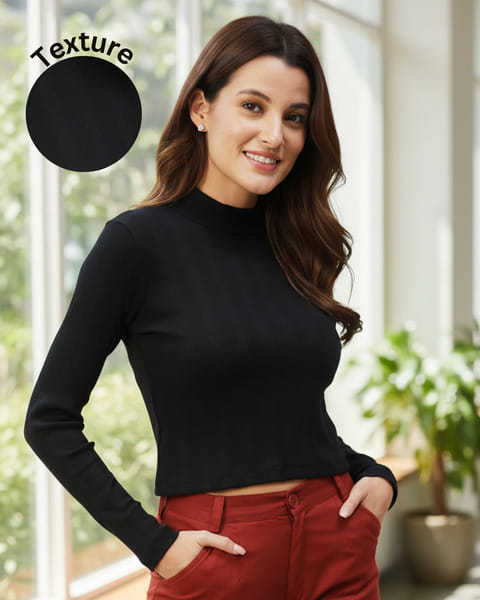 Buy Rigo Women Black High Neck Full Sleeves Rib Top on EMI