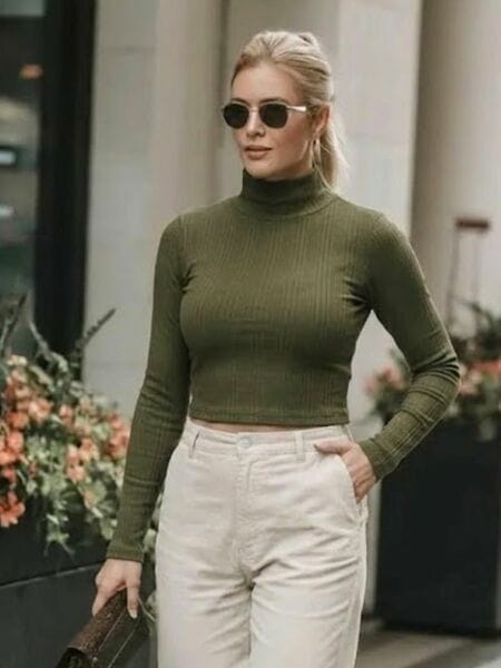 Buy Rigo Women Olive High Neck Full Sleeves Rib Top on EMI