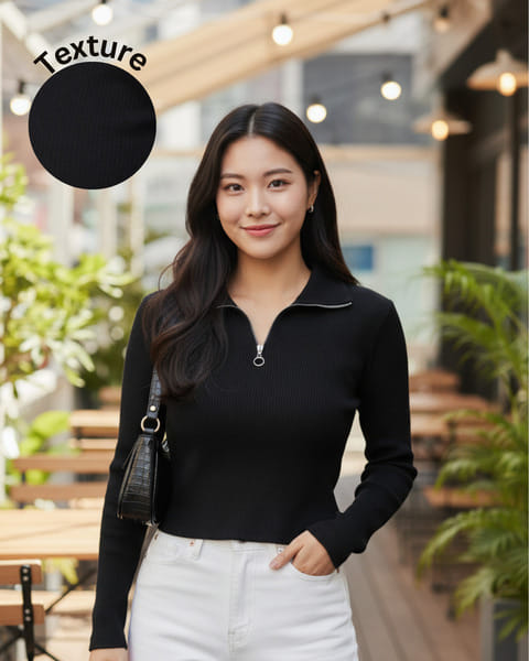 Buy Rigo Women Black Zip Neck Full Sleeves Rib Top on EMI