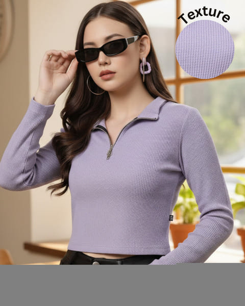Buy Rigo Women Purple Zip Neck Full Sleeves Rib Top on EMI