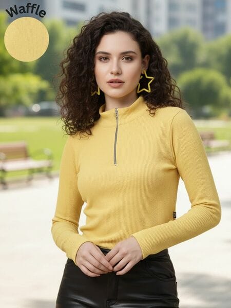 Buy Rigo Women Yellow Zip Neck Full Sleeves Rib Top on EMI