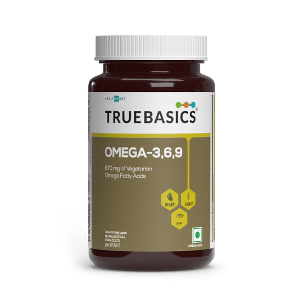 Buy TrueBasics Omega-3,6,9 (90 Capsules) | 870mg of Vegetarian Omega Fatty Acids | With Clinically Researched Ingredient | For Healthy Heart, Hair, Skin, Joints, Brain, & Eyes on EMI