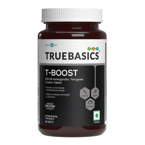Buy TrueBasics T-Boost, Testosterone Supplement for Men (60 Tablets) | With KSM 66 Ashwagandha, Safed Musli, Gokshura, & Ginseng | For Energy, Stamina & Muscle Strength on EMI