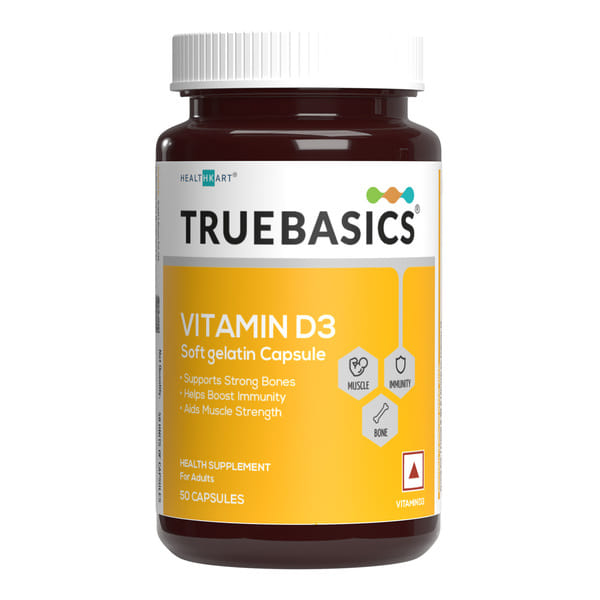 Buy TrueBasics Vitamin D3 600 IU (50 Capsules) | For Strong Bones, Muscle Strength & Immunity on EMI