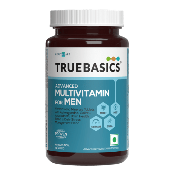 Buy TrueBasics Advanced Multivitamin For Men (30 Tablets) | With Ashwagandha, Gokhru & Kawach, Vitamin D3 and Multiminerals | For Immunity, Energy, Strength & Stamina on EMI