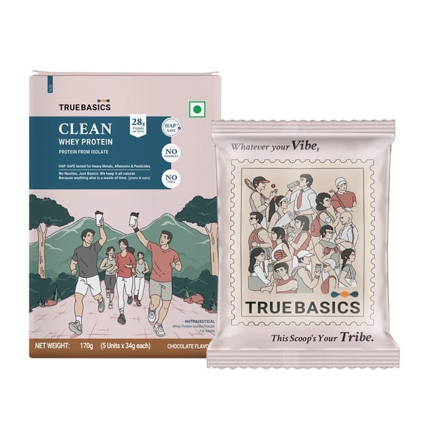 Buy TrueBasics Clean Whey 100% Protein Isolate Powder (Chocolate, 34gx5)  | 28g Protein per Sachets | Trustified Gold Certified on EMI