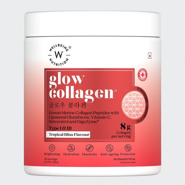 Buy Wellbeing Nutrition Glow Korean Marine Collagen Peptides with Liposomal Glutathione & Vitamin C | Tropical Bliss Flavour on EMI