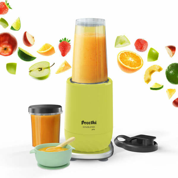 Buy Preethi MiniBlend Pro- Compact Blender & Juicer for Lump Free Purees & Smoothies | 25,000 RPM | Two Razor sharp Ninja blades, Two Leak-proof Jars with Sipper & Storage Lids | Free Lifelong Service on EMI