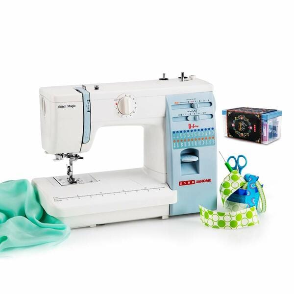 Buy Usha Janome Automatic Stitch Magic Sewing Machine (White and Blue) with Free Sewing KIT Worth RS 500 on EMI