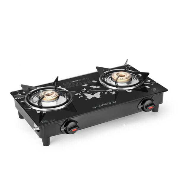Buy Longway Astra Glass Top, 2 Burner Manual Ignition Glass Gas Stove (Black, ISI Certified, 2 Year Warranty) on EMI