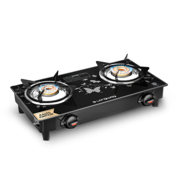 Buy Longway Astra Glass Top, 2 Burner Auto Ignition Glass Gas Stove (Black, ISI Certified, 2 Year Warranty) on EMI