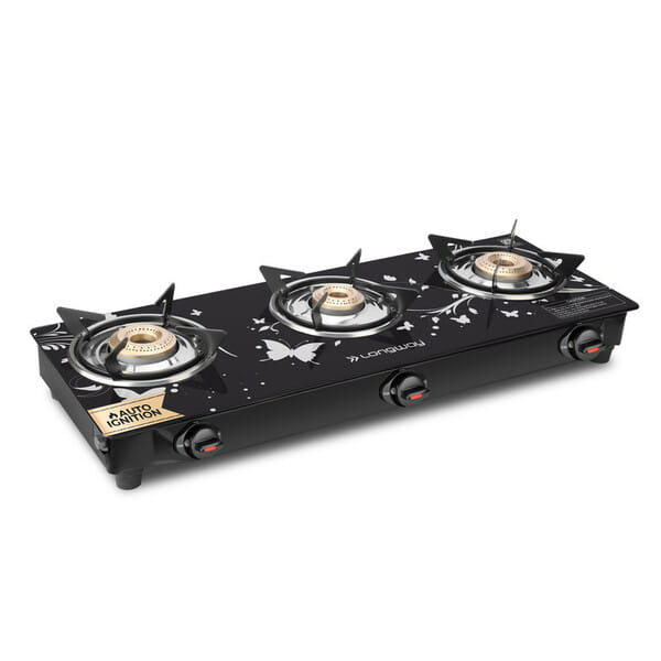Buy Longway Astra Glass Top, 3 Burner Auto Ignition Glass Gas Stove (Black, ISI Certified, 2 Year Warranty) on EMI