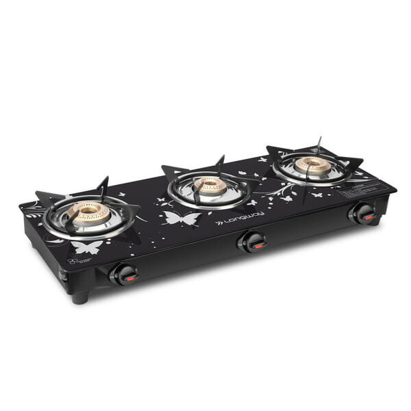 Buy Longway Astra Glass Top, 3 Burner Manual Ignition Glass Gas Stove (Black, ISI Certified, 2 Year Warranty) on EMI