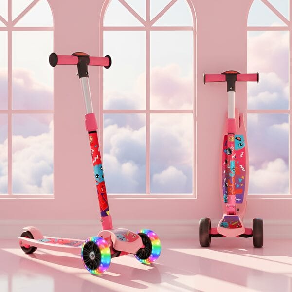 Buy Kidsmate Fliprider 3 Wheel Kick Scooter for Kids 3-8 Years | Foldable Design with 3-Level Adjustable Height | LED Light-Up Wheels | Fun, Safe & Durable Kids Scooters for Boys & Girls - Pink on EMI