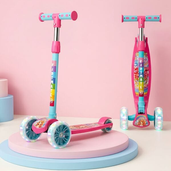 Buy Kidsmate Rider Pro Kick Scooter with Broad PU LED Wheels | 3-Wheel Skating Scooter for Boys & Girls of Ages 2-12 Years | Level Adjustable Height, and Easy Fold Design (Pink Sea Green) on EMI