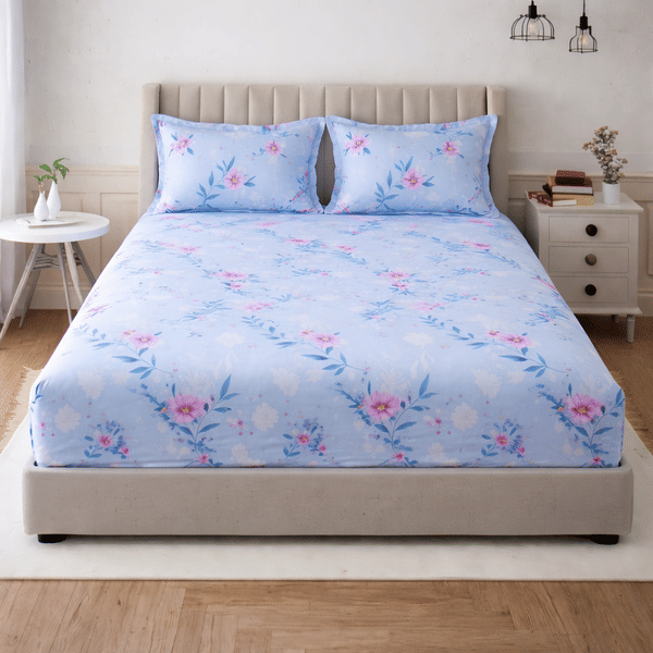 Buy Layers Blossom Floral Double Bedsheet Set, 1 Bedsheet + 2 Pillow Covers, Soft & Breathable, Colorfast Print, Easy Care – Light Blue on EMI