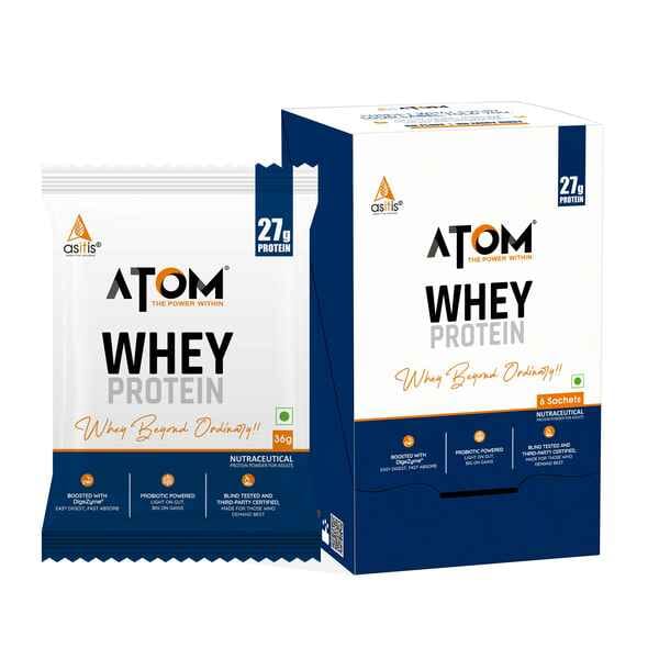 AS-IT-IS ATOM Whey Protein – Isolate & Concentrate Blend I 27g Protein, DigeZyme & Probiotics, Light on Gut, Big on Gains, Easy to Carry Anywhere (No Excuse Travel Pack, 6 Sachets × 36g)