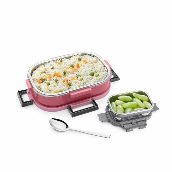 Buy Pexpo Tasty Bite Pink Stainless Steel Insulated Lunch Box for Kids (650ml) & Small Container (150ml) with Spoon | BPA-Free | Anti-Skid Rubber Base (Pink) on EMI