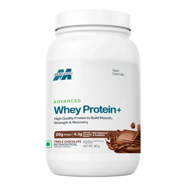Buy MuscleTech Advanced Whey Protein+ | 20 g Protein & 4.3 g BCAAs Per Serving | With DigeZyme® & Probiotics | Supports Muscle, Strength & Recovery | Triple Chocolate |907g on EMI