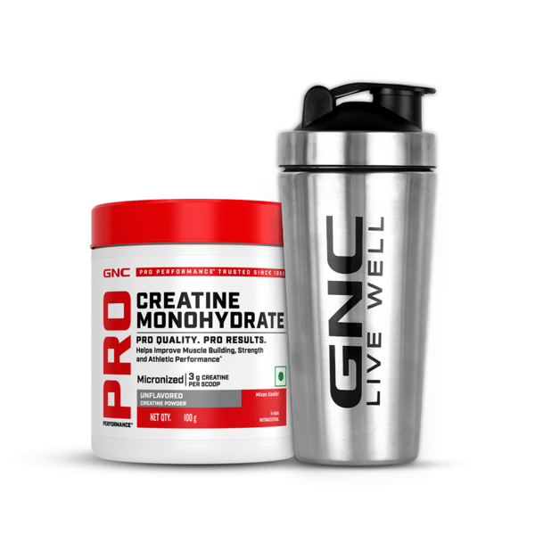 Buy GNC Creatine Monohydrate With Steel Shaker (750ml)| 100gm, Unflavoured, Boosts Athletic Performance, Fuels Skeletal Muscles, Supports Intense Workout, Promotes Cellular Hydration on EMI