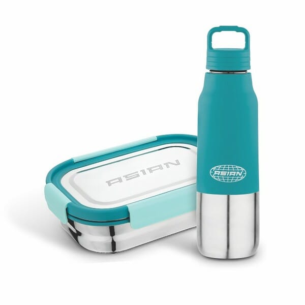 Buy Asian Quick Bite Combo Lunch Box 850ml with 150ml Mini Box & 700ml Steel Water Bottle | Airtight, Leakproof, BPA-Free Kids School Tiffin Set Teal on EMI