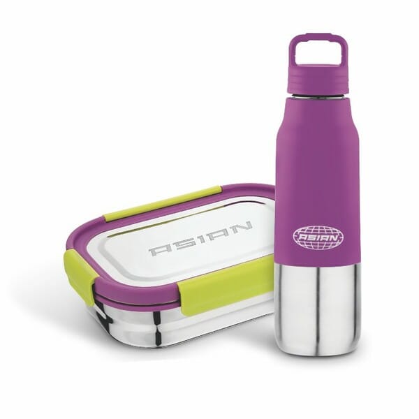 Buy Asian Quick Bite Combo Lunch Box 850ml with 150ml Mini Box & 700ml Steel Water Bottle | Airtight, Leakproof, BPA-Free Kids School Tiffin Set PURPLE on EMI