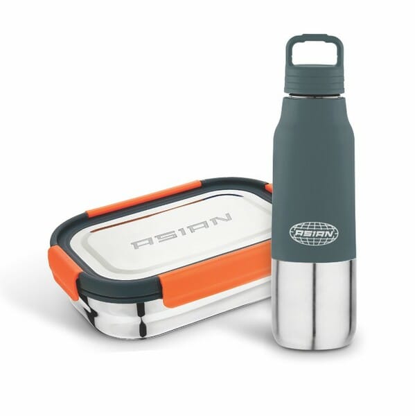 Buy Asian Quick Bite Combo Lunch Box 850ml with 150ml Mini Box & 700ml Steel Water Bottle | Airtight, Leakproof, BPA-Free Kids School Tiffin Set GREY on EMI