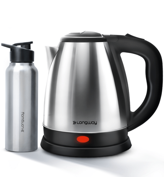 Longway Kestro 1.5 Ltr Electric Kettle with Water Bottle Combo | Automatic Shut-Off | Durable Stainless Steel Body For Boiling |(Silver Black, 1500W)