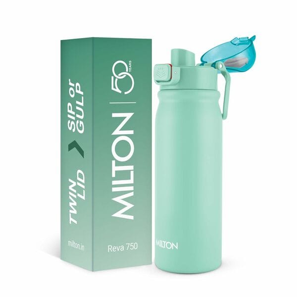 MILTON Reva 750 Stainless Steel Water Bottle with Twin Lid Sip or Gulp, 750ML-Aqua Green