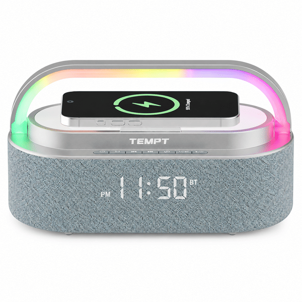 Buy Tempt Privee Fusion 16W HD Sound Bluetooth Speaker with 15W Wireless Charging, 360°RGB LED Lights, Digital Clock with Alarm Setting, Built-in White Noise, USB/SD Card/AUX in, Type C Charging (Black) on EMI