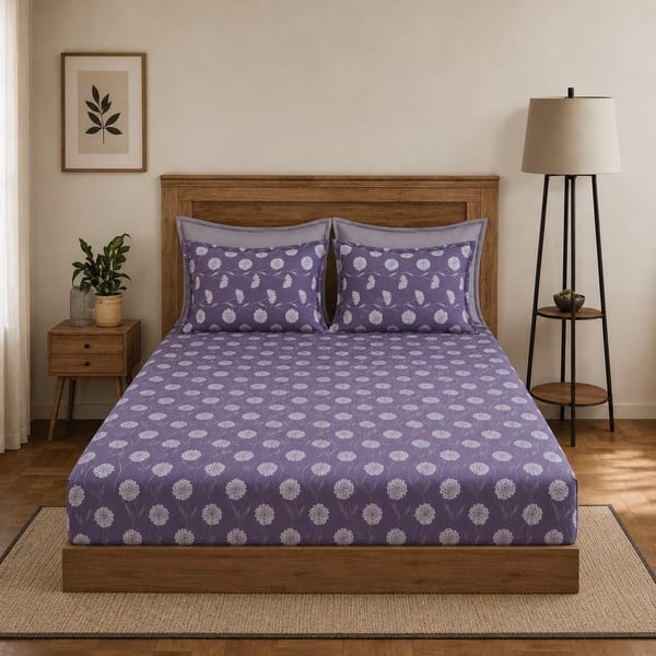 Buy Layers Blossom Floral Fitted Double Bedsheet with 2 Pillow Covers by Indo Count (BLUE) on EMI