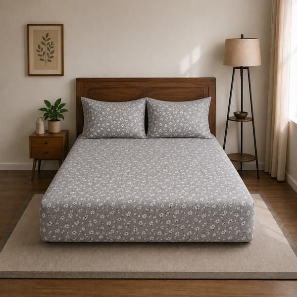 Buy Layers Blossom Floral Fitted Double Bedsheet with 2 Pillow Covers by Indo Count (GREY) on EMI