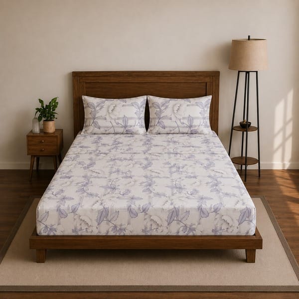 Buy Layers Blossom Floral Fitted Double Bedsheet with 2 Pillow Covers by Indo Count (GREY WHITE) on EMI