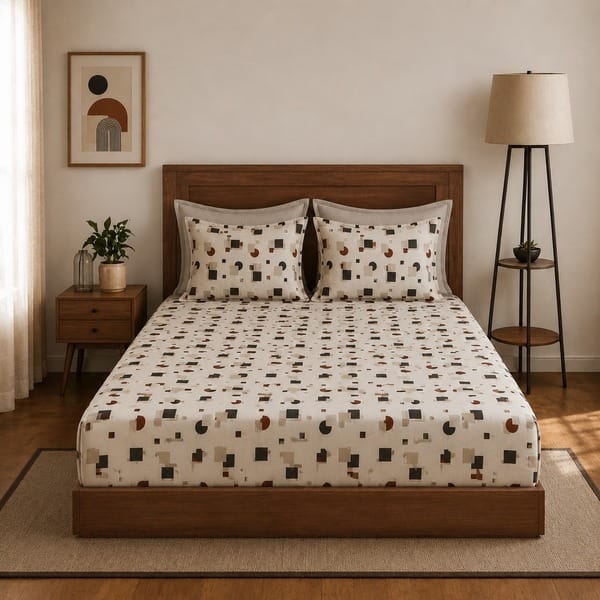 Buy Layers Blossom Floral Fitted Double Bedsheet with 2 Pillow Covers by Indo Count (OFF WHITE PRINTED) on EMI