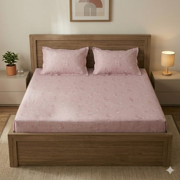 Buy Layers Blossom Floral Fitted Double Bedsheet with 2 Pillow Covers by Indo Count (PINK) on EMI