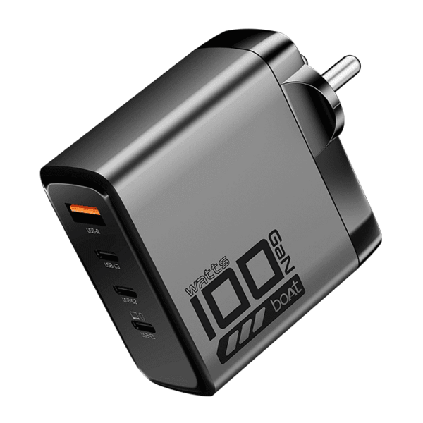 Buy boAt 100W GaN Charger | 100W Fast Charger with GaN Chip Technology, 12-Layer Smart IC Protection, Quad-Port Charging (Ash Grey) on EMI