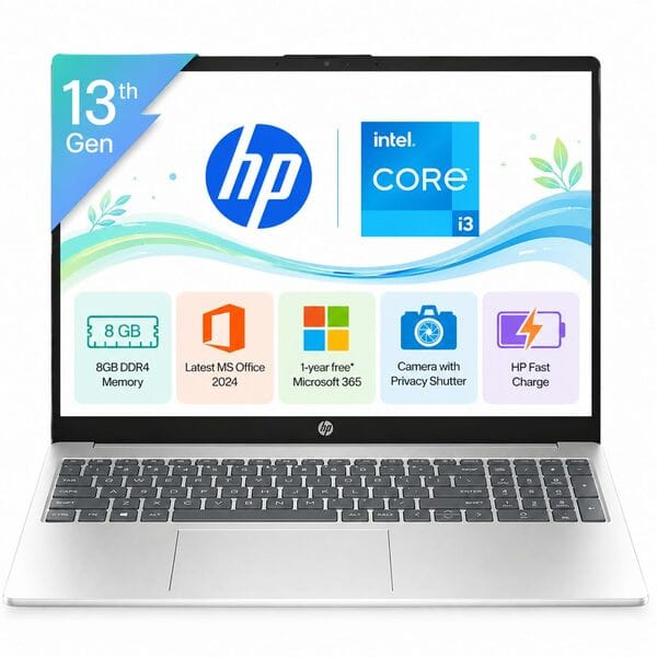 Buy HP 15, Intel Core i3-1315U-13th Gen Laptop (8GB DDR4 Ram,512GB SSD) Anti-Glare, Micro-Edge,15.6'" FHD, Win11,M365 Basic(1yr),Office Home24, Silver, 1.59kg, FHD Camera Shutter, 15-fd0569TU on EMI