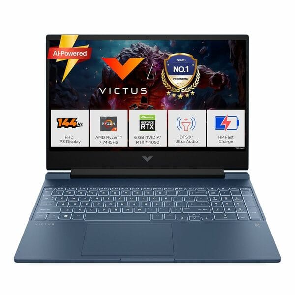 Buy HP Victus, AMD Ryzen 7 7445HS, 6GB RTX 4050, 16GB DDR5(Upgradeable) 512GB SSD, 144Hz, IPS, 300nits, FHD, 15.6''/39.6cm, Win11, M365* Office24, Blue, 2.29kg, fb3130AX, Backlit, DTS Audio, Gaming Laptop on EMI