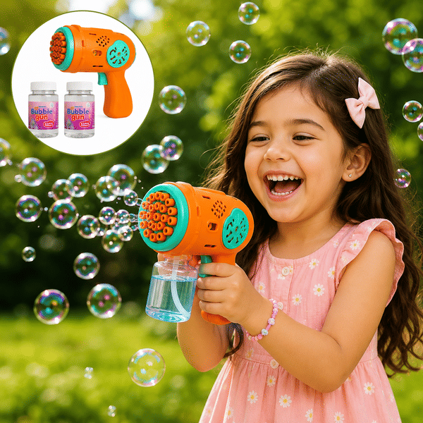 Buy ALQO Automatic 15 Holes Powerful Bubble Gun Machine with Built-in Lithium-Ion Rechargeable Battery with LED Light | Includes 2 Refill Bottles on EMI