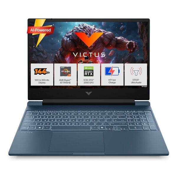 Buy HP Victus, AMD Ryzen 7 7445HS, 4GB RTX 2050, 16GB DDR5 512GB SSD, FHD, 144Hz, 300 nits, IPS, 15.6'', Win11, M365* Office24, Blue, 2.29kg, fb3189ax /3122/ 23ax Backlit, Gaming Laptop on EMI