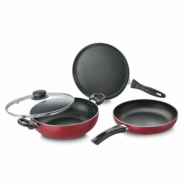 Buy Prestige Omega Deluxe (3pcs Set) Omni Tawa 25cm / Fry Pan 24cm / Kadai 24cm with Glass lid cookware set 38148 (Black) on EMI