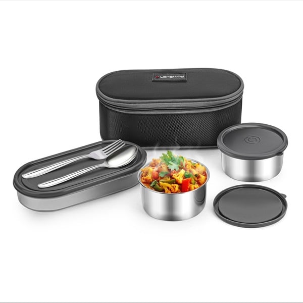 Buy Longway Craveo Stainless Steel Lunch Box with 3 Containers | 2 Round 300ml Each & 1 Oval 500ml | Airtight & Leak Resistant Tiffin Box with Spoon (Black) on EMI