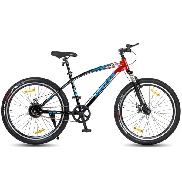 Buy Vaux Blaze 26T Single Speed MTB Cycle for Men| 15" Hiten Steel Frame | Dual-Tone Colors | Dual Disc Brakes | 26 x 2.4 Nylon Tyres | 80mm Front Suspension| Double Wall Alloy Rims(Black-Red) on EMI