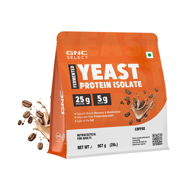 Buy GNC Select Yeast Protein | 25g Protein, 5g BCAAs | Fermentation-Grown Protein | Added Protease | Non-Dairy, 100% Veg, No Added Sugar | Digestive Support I Coffee I 907 Grams on EMI