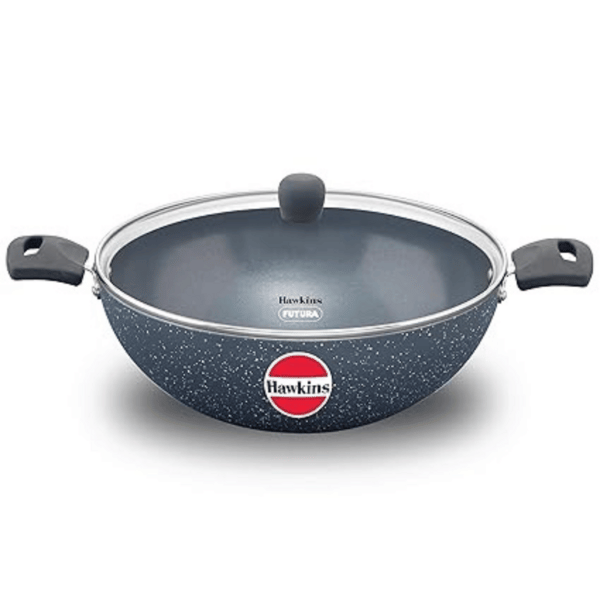 Buy Hawkins ICK50G Induction Compatible Ceramic Nonstick Deep Kadhai with Glass Lid, 5 Litre. It has a 30 cm diameter, 3.25 mm thickness, German ceramic nonstick coating on EMI