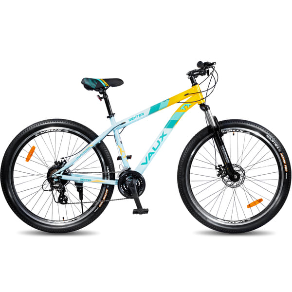 Buy Vaux Dexter 29T Gear Cycle for Men with 18" Steel Frame, MTB Bicycle for Adults with Shimano 21 Speed Gears, Front Suspension, Dual Disc Brake, 29 x 2.40 Nylon Tyres (Blue-Yellow) on EMI